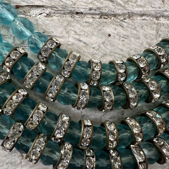 Vintage 1950s Aqua Multi Strand Rhinestone Beaded Necklace - Picture 2 of 9